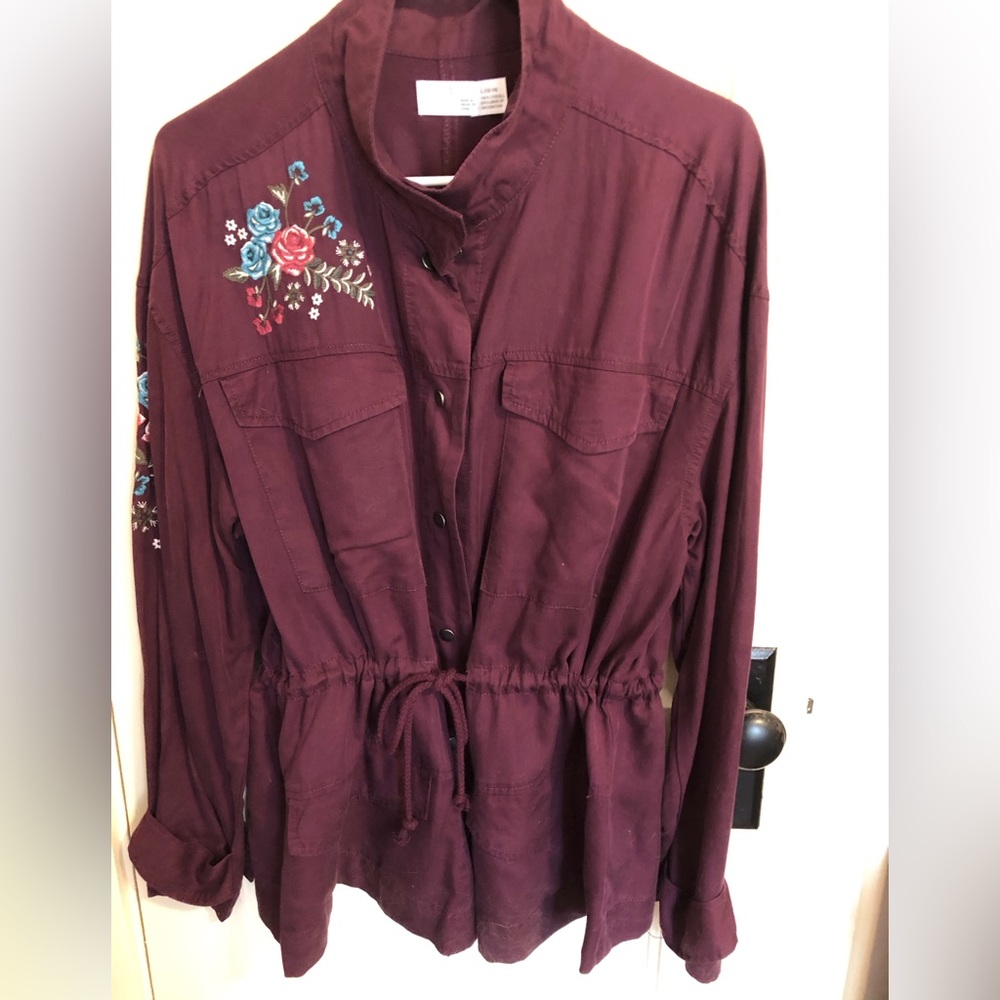 Plum color Anorak jacket with floral embroidery, tie waist SZ L